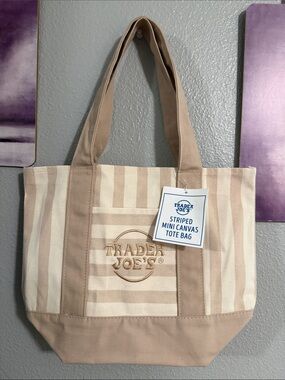 2026 Trader Joe’s mini pastel canvas tote bag new stripe beige tan